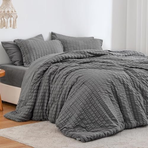 Sedefen Seersucker Bettwäsche 135x200cm Dunkelgrau Grau Uni Einfarbige Wende Bettwäsche Set Weiche Bettbezug 135x200cm und 1 Kissenbezüge 80x80cm mit Reißverschluss