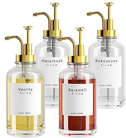 BOLLFO Lot de 4 distributeurs de sirop à café pour accessoires de bar à café, distributeur de sirop en verre, distributeur de sirop, distributeur de sirop avec 58 étiquettes, 500 ml