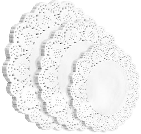 Yolev 150Pcs Round Paper Doilies, 3 Sizes White Doilies Lace Paper for Buffet Cake Fried Food Party Wedding Tableware Decoration (6.5 Inch 7.5 Inch 8.5 Inch)
