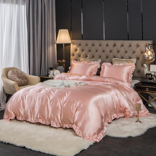 Herside Set di biancheria da letto con copripiumino king size con volant, setoso, effetto seta, effetto raso, con frange increspate, shabby chic, per ragazze, 1 coperta estiva e 2 federe (rosa, king