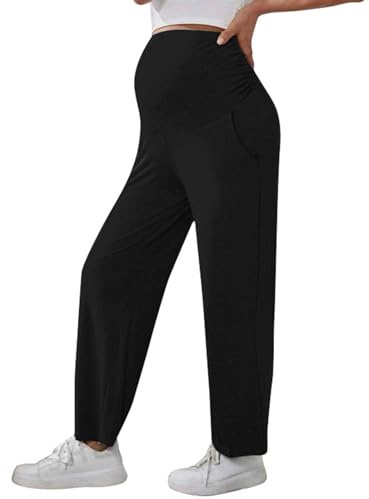 Pantaloni Premaman Donna Estivi Abbigliamento Premaman Estivo a Vita Alta,Pantaloni Maternity Casual Gamba Larga Pants Morbidi ed Elasticizzati Abbigliamento con Tasche per Gravidanza,Casa,Yoga