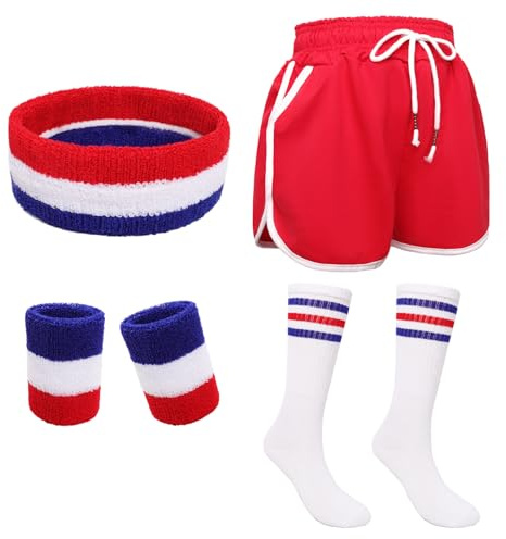 Fumwase 6Pcs 80s Workout Costume Outfit Set Running Shorts Sweatband Wristbands Striped-Tube Socks for Men Halloween Cosplay
