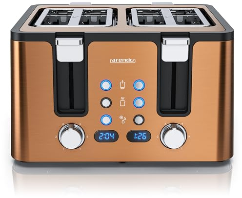 Arendo - Toaster 4 Scheiben Edelstahl - mit Brötchenaufsatz - 4 Schlitze - LED Anzeige Restzeitanzeige – Doppelwandgehäuse - Defrost Funktion - Krümelschublade - 6 Bräunungsgrade - Kupfer
