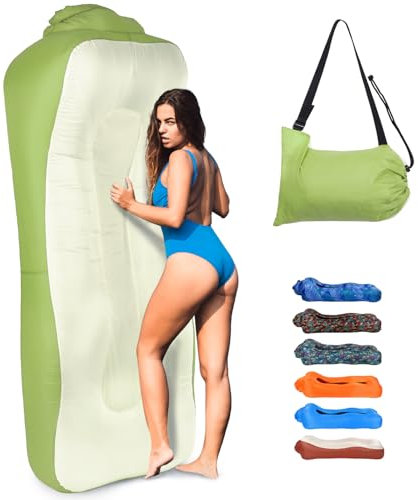 Outplea Aufblasbares Sofa für Land und Wasser, Klappbares Luftsofa Leicht, Strandliege Aufblasbar mit Tasche, Air Lounger Sitzsack Aufblasbar Outdoor für Garten Strand Picknick, Grün & Beige