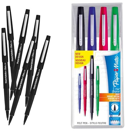 Papermate Flair - Marcadores originales de colores surtidos, paquete de 4, bolígrafos de punta de fibra negra Papermate Flair, paquete de 6 herramientas de escritura vibrantes para proyectos