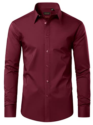 DEMEANOR Chemise à manches longues pour homme - Coupe droite - En coton - Infroissable - Pour les loisirs, rouge bordeaux, M