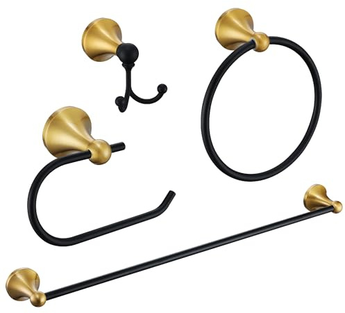 Brushed Gold and Black Bathroom Hardware Set, 4-Piece Black and Gold Bathroom Accessories Kit Stainless Steel 23.6 Inch Towel Bar | Towel Hook | Toilet Paper Holder | Hand Towel Holder