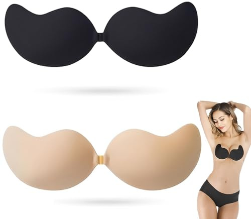 YcsRnn 4Pack Sticky Bra, Push Up Sticky Bra, Adhesive Push Up, Stick On for Low Cut Dress, Wedding, Party, Beach, Daily Wear (Skin Tone A*2, Black A*2)