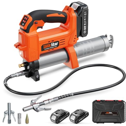 TaskStar Upgraded Electric Grease Gun with Auto Grease Volume Control | 4.6 oz/min 10000 PSI Cordless Grease Gun Kit with 2 Batteries, 3 Couplers - Efficient for Tractors, Trucks, and Machinery
