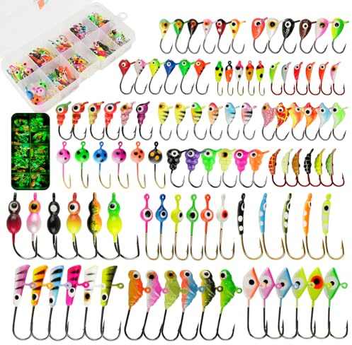 MUUNN Ice Fishing Jigs Kit, 100pcs Micro Jig Heads Lures Hook Set for Winter Ice Jigging, Panfish, Perch, Trout, Bluegill, Walleye, Crappie Ice Fishing Lures Hooks Set with Storage Box