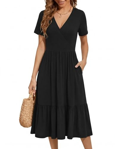 Zeagoo Robe Ete Femme Manches Courtes Robes Mi Longue Robe Fleurie Col en V Robes Chic et Elegant Dress Décontractée Style Empire avec Poches