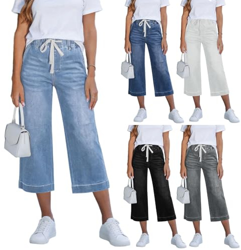 Capri Jeans for Women UK Baggy Wide Leg Cropped Trousers Drawstring Elastic High Waisted Pull On Jeans Trendy Stretchy Denim Capris 3/4 Length Tummy Control Joggers with 4 Pockets Summer Everyday Wear