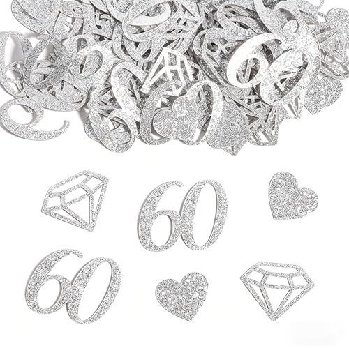 100pcs 60th Wedding Anniversary Decorations Table Diamond Wedding Confetti | Silver Heart Shaped Diamond for 60th Anniversary Table Party Supply