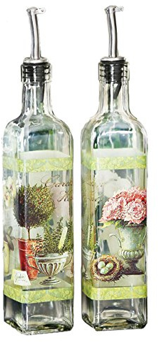 CEDAR HOME Olive Oil Bottle Set Glass Dispenser Vinegar Cruet 17oz. with Stainless Steel Leak Proof Pourer Spout for Cooking or Salad Dressing, 2 Pack, Green