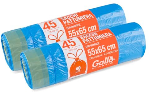 Gallo, 90 Sacchi per Pattumiera, Maniglie Tira e Chiudi, 55x65cm, 40 Litri, Blu, 90 unità