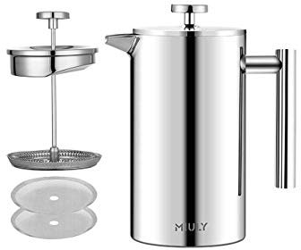 MaxMiuly Cafetiere French Press Small Szie 350ml/12oz,Stainless Steel Double Wall Heat Resistant Coffee Press with 3 Filter Screens (1 Cup Silver)