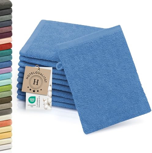 ZOLLNER 10er Set Waschlappen - weiche und saugstarke Waschhandschuhe - waschbar bis 95°C - Baumwolle - 16x21 cm in blau