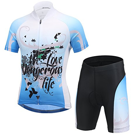 YFPICO Kinder Radtrikot Set Fahrrad Trikot Kurzarm + Radhose mit Sitzpolster Radsport-Anzüge Jungen Mädchen Fahrradbekleidung, Blauer Buchstabe drucken, 146