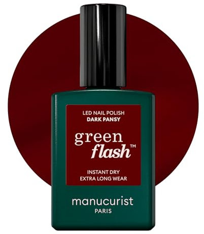 Manucurist Green Flash LED Dark Pansy Red Gel Nail Polish - Vegan, 12-Free, Plant-Based - Strengthens and Protects the Nail - Burgundy Gel Polish - Made in France - 15 ml
