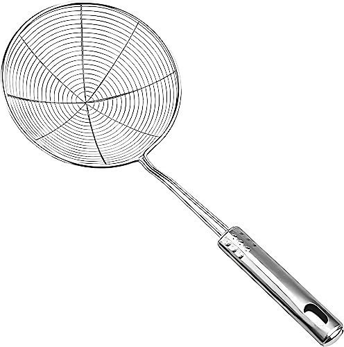 Strainer Skimmer Ladle Stainless Steel Wire Skimmer Spoon, Ergonomic Handle and Spider Mesh Filter with Handle for Kitchen Frying Food, Pasta, Spaghetti, Noodl (12cm)