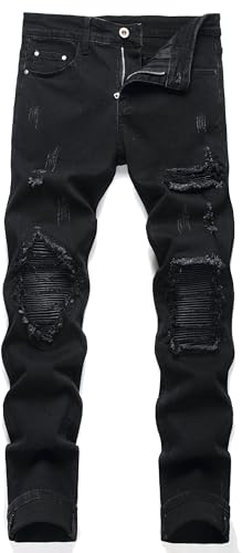 OIIIO Men's Patch Ripped Stretch Regular Fit Jean (30, Black-6601)