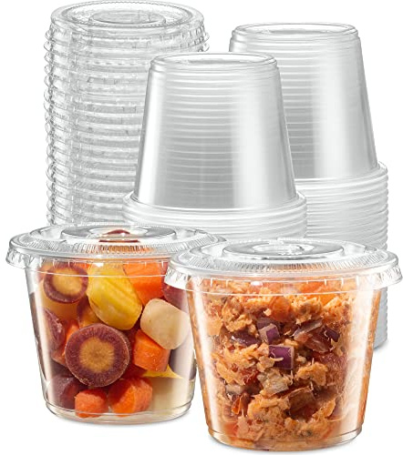 5 oz - 100 Sets Clear Diposable Plastic Portion Cups With Lids, Small Mini Containers For Portion Controll, Meal Prep, Sauce Cups, Slime, Medicine, Dressings, Crafts, Disposable Souffle Cups
