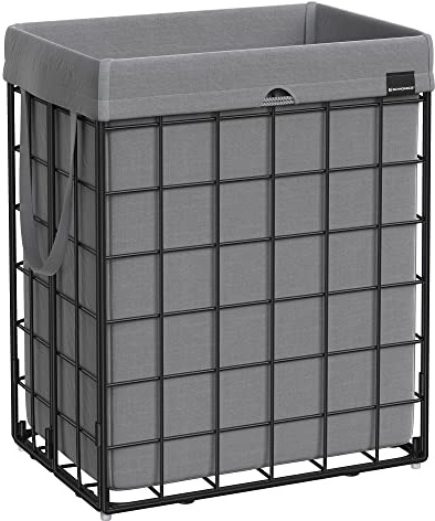 SONGMICS Cesto de ropa sucia, 23.8 galones (90 L), cesta de ropa plegable, forro extraíble y lavable, marco de alambre de metal, para dormitorio, baño, negro y gris ULCB190G01