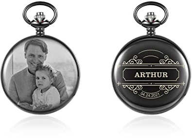 ALBERTBAND Montre de Poche Personnalisée avec Photo Gravure Texte Montre Vintage Classique Montre de Poche Lisse pour Meilleur Homme Marié Cadeau pour Anniversaire Fête des Pères