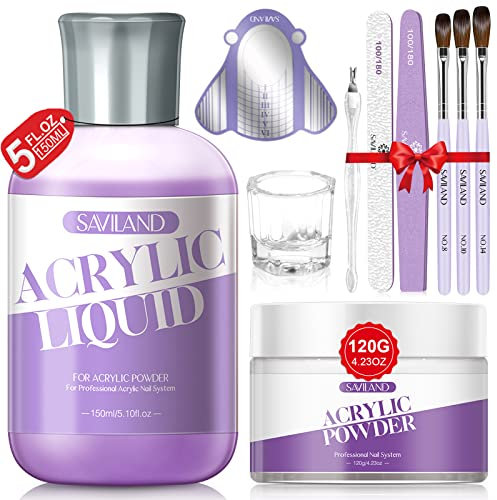 Saviland Set für Acrylnägel: 120 g transparentes Acrylpulver und Flüssigkeiten, 150 ml Acrylflüssigkeit mit Pinseln, Monomer zum Verlängern und Schnitzen von Acrylnägeln