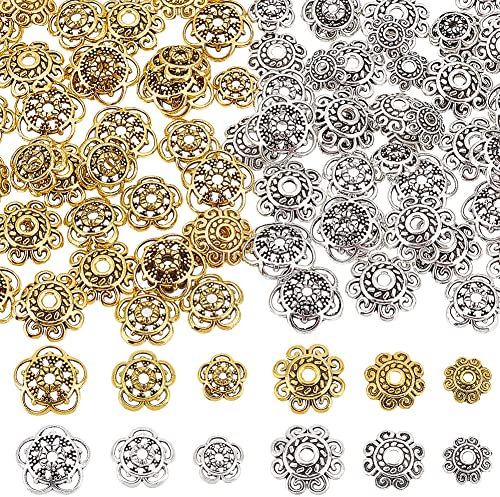 PandaHall 360 Stück Blumenperlenkappen 2 Form Endkappen Aus Tibetischer Legierung Antikes Goldenes Silber Abstandshalter Perlenkappen 8/10/12 mm Schmuck-Abstandskappen Für Schmuck Ohrringe Armbänder