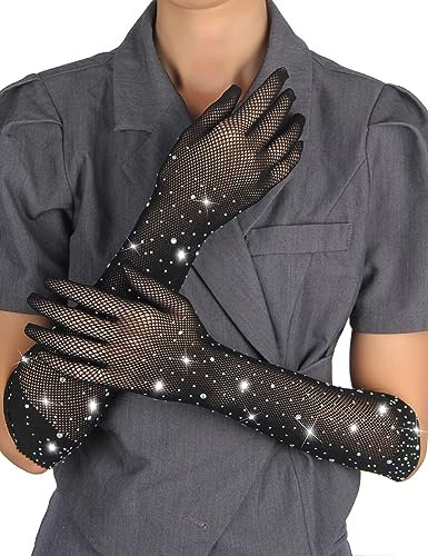 comeondear Lange Handschuhe mit Strasssteinen Transparent Fischnetz Tüll Netzhandschuhe Sexy Strass Fishnet Gloves Kostüm Zubehör Handstulpen Brauthandschuhe Mesh Spitzehandshuhe Party Clubwear