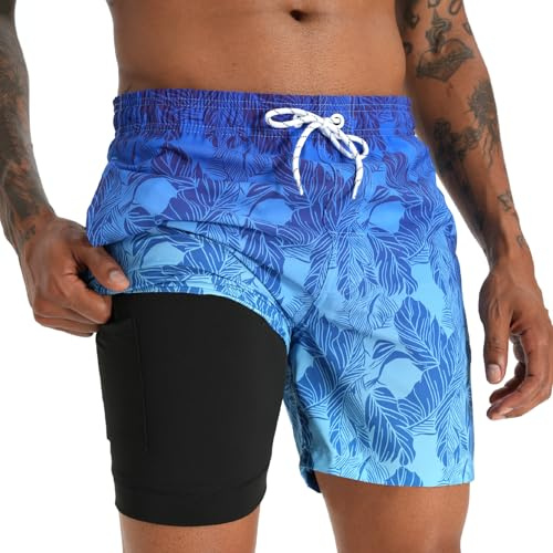 iCKER Swimming Shorts Men Swim Trunks 2 in 1 Compression Liner Shorts