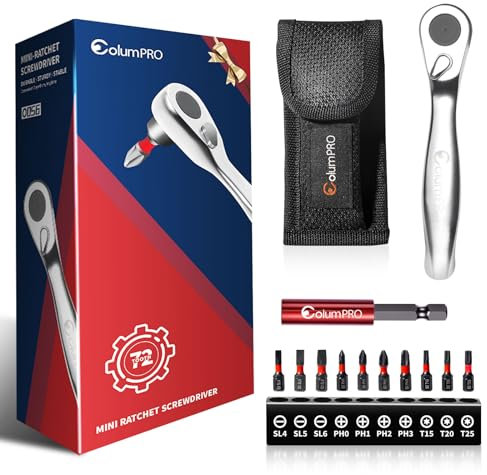 ColumPRO 12PCS Portability Mini Ratchet Screwdriver Set, 1/4” Ratchet Pocket Phillips Right Angle Screwdriver Set with Pouch for Tight Space, Tools for Men, Gadgets for Men.