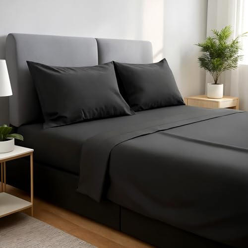 gobedreams Juego de Sábanas 4 Piezas 135x190/200. Sábanas de Cama de Poliéster Microfibra cepillada. Sábana Plana, Sabana Bajera Ajustable y 2 Fundas de Almohada. Color Negro