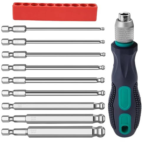 9 Stück Kugelkopf Sechskant Schraubendreher Set, 100mm Bit Set Lang, mit Griff 1/4 S2 Magnetischen Schraubenzieher, für Handbohrmaschinen, Druckluftbohrmaschinen und Elektrobohrmaschinen