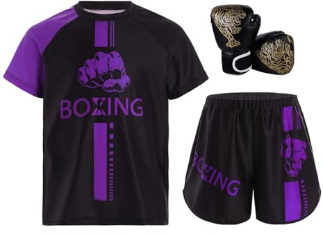 RUNQHUI Boxning outfit för barn pojke T-shirt + shorts + Muay Thai MMA kickboxing handskar, Lila och svart, 13-14 år