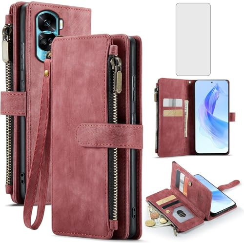 Asuwish Funda para Huawei Honor X50i/90 Lite 5G Funda con lámina protectora de pantalla Tarjetero Plegable Cuero Monedero Soporte Hawaii 90Lite CRT-NX1 Teléfono Funda Protectora Cristal Carcasa Rojo