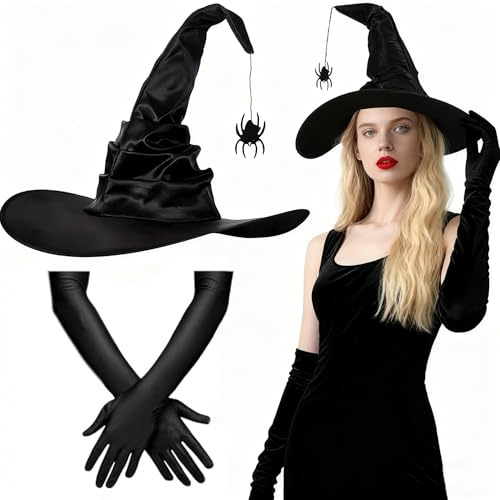TaleMoon Chapeau Sorciere Femme, Costume Halloween, Gants Noir Halloween, Witch Hat, Deguisement Sorciere pour Costume Sorcier Déguisement Carnaval Adulte