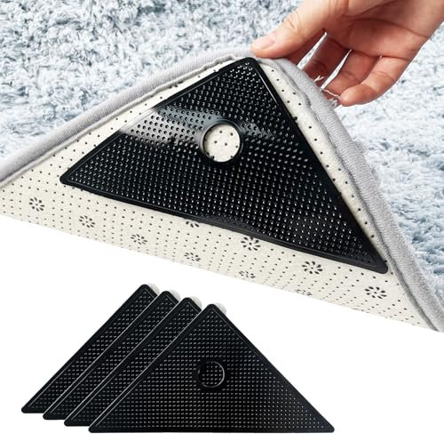 Fofvccv 4 Pcs Triangle Rug Grippers, Reusable Carpet Tape & Washable Non-Slip Double-Sided Adhesive Pad for Hardwood, Laminate, Tile Floors - Keep Your Rugs Corners Secure Flat (4 Pcs Rug Pads)