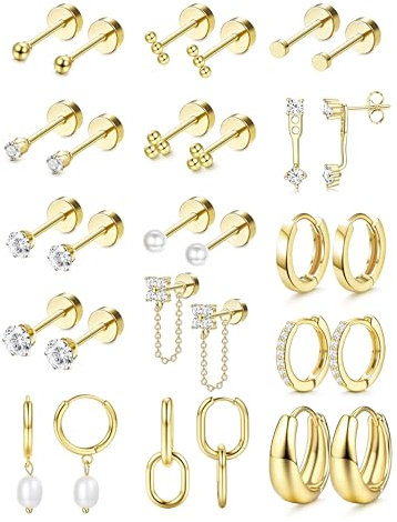 Chriscoco 15 par örhängen med platt rygg för kvinnor 316L kirurgiskt stål guld/silver knoppörhängen allergivänliga broskörhängen sovande huggie ring örhängen tragus piercing smycken, rostfritt stål