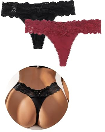 comeondear Perizoma Donna Tanga Sexy a Vita Bassa in Pizzo Mutande Sexy Taglia Forte Mutandine Seducente Slip Brasiliana Traspirante Perizomi Seducente Intimo Panties String 2 Pezzi Nero+Rosso,M-L