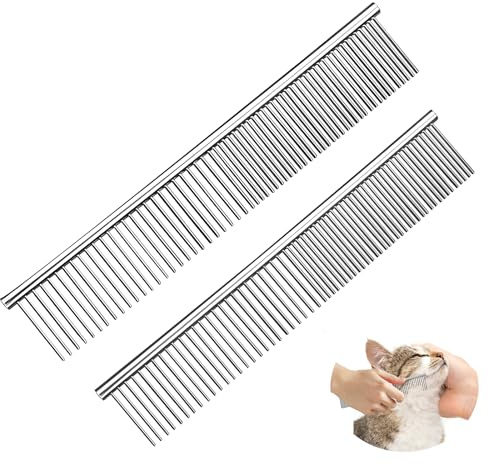 2 pettini per cani, in acciaio inox 2 in 1, per animali domestici, arrotondati, in acciaio, per la cura del pelo di grandi dimensioni, medie e piccole e medie dimensioni, per la rimozione di nodi e