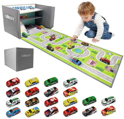 Caja de Almacenaje para Coche de Juguete: Garaje de Juguete para Coches y Aparcamiento Infantil - Garaje Plegable 3 en 1 - Organizador y Alfombra de Juegos (Gray)