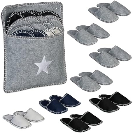 Relaxdays Gästehausschuhe 8 Paar, Hausschuhe Set mit Tasche, Größen 36-45, Filzpantoffeln, Antirutsch-Sohle, Mehrfarbig
