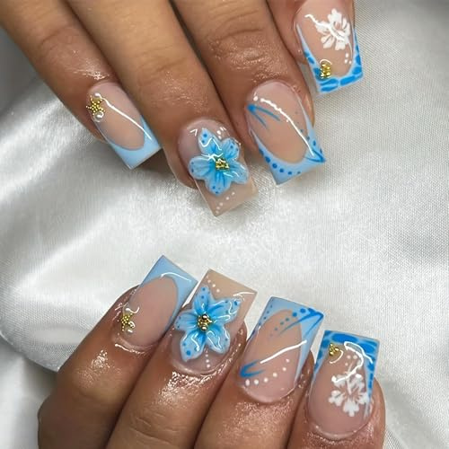 24pcs Medium Square False Nails - French White Tip Stick-on Blue Flower - Press-on Removable Glue-on Full Cover Fake Nail Art Accessories for Women Girls