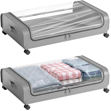 Crynvor 2 Piezas Cajas Almacenaje Ropa, Bolsas para Guardar Ropa, Organizador de Canape con Ruedas, Almacenaje Bajo Cama con Ventana Transparente, Zapatero Debajo de La Cama para Mantas Juguetes(Gris)