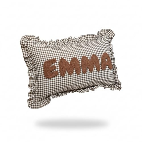 Personalized Frilly Punch Needle Name Throw Pillow – Custom Embroidered Gingham Fabric for Baby Nursery or Kids’ Room – Handmade Ruffled Lumbar Decor – Keepsake Gift for First Birthday or Newborn