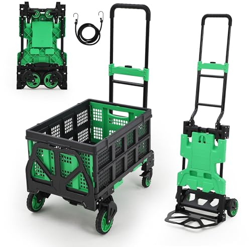 2 in 1 Hand Truck Dolly Foldable with Basket, 330LB Capacity, 4-Wheel Cart, Foldable Basket, Retractable Handle & 2 Bungee Ropes, Compact & Portable for Moving, Shopping, Luggage (Green)