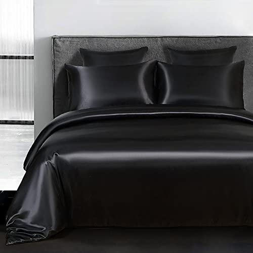 Omela Satin Bettwäsche Set 135x200 4teilig Schwarz Einfarbig Unifarben Glatt Bettbezüge mit Reißverschluss 100% Glanzsatin Polyester Sommerbettwäsche und Kissenbezüge 80x80 cm