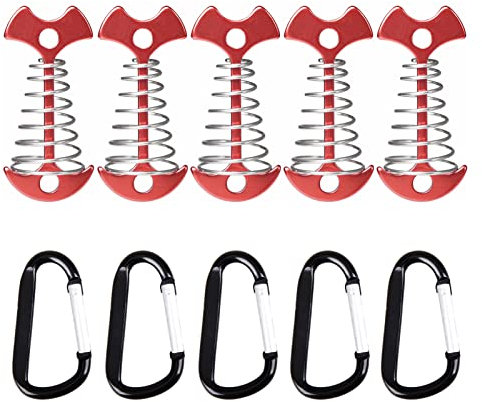 Azarxis Piquets à Ressort de Tente en Os de Poisson Longs avec Mousquetons en Alliage d'Aluminium Ancre Tendeurs 6 Pièces pour Camping Pont Planche (Rouge - Piquets Longs à Ressort + Mousquetons)